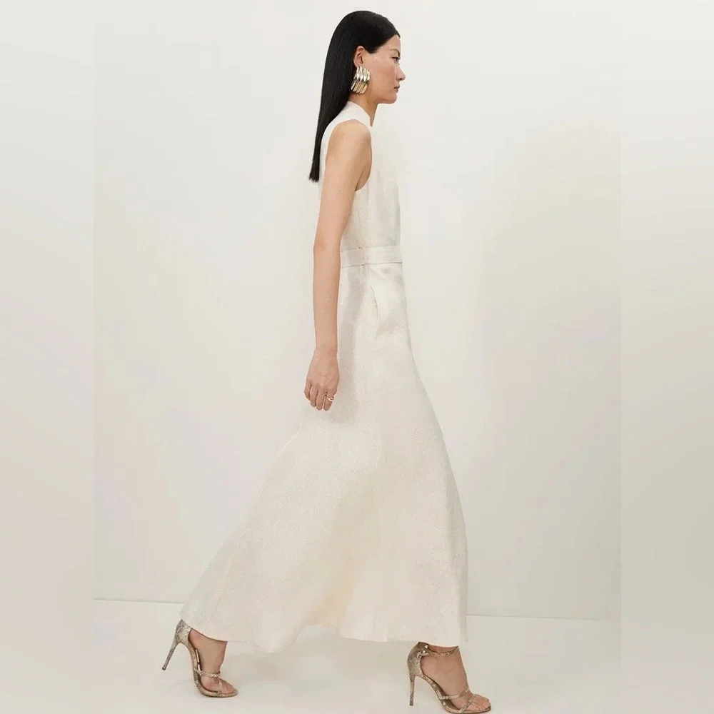 KAREN MILLEN Tailored Linen Metallic Notch Neck Maxi Dress - Picture 4 of 7